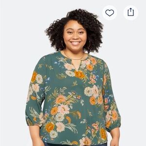 Fun 2 Fun Split Neck Smocked Shoulder Floral Blouse in Teal Green and Orange